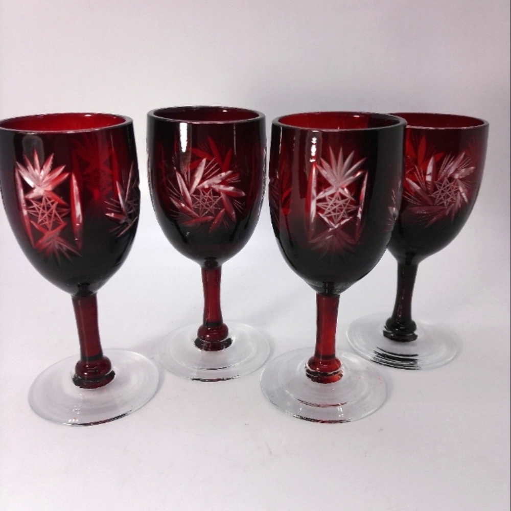 Set of 4 Elegant Ruby Red Cut to Clear Cordial Glasses